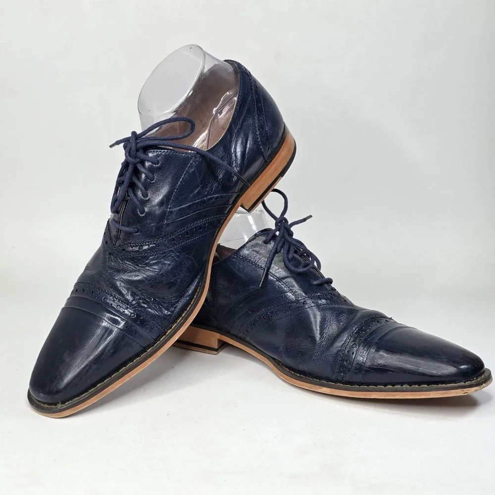 Stacy Adams Shoes Men's Size 10.5 Navy Blue Leather Cap Toe Brogue Oxford Casual